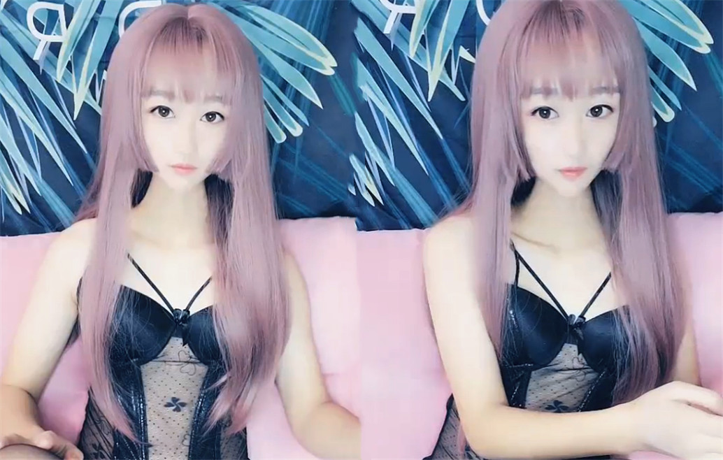 紫色头发长相甜美妹子自慰,性感情趣装黑丝张开双腿大黑牛震动